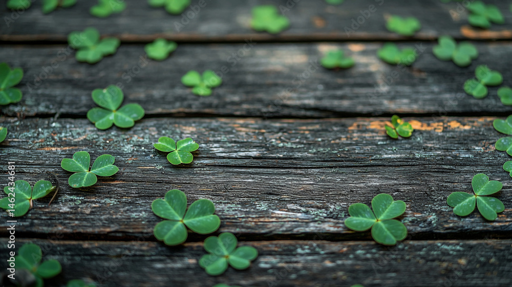 Poster scattered green shamrocks on a weathered wooden surface creating a st patrick's day background