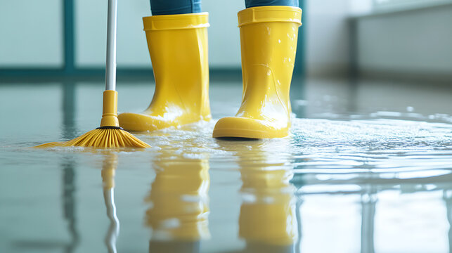 Person Cleaning Flooded Floor with Mop and Yellow Boots in Indoor Setting