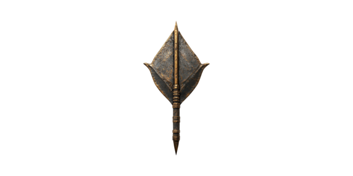 Ancient Bronze Arrowhead. Historical Weaponry And Archaeological Artifact Isolated On Transparent Background