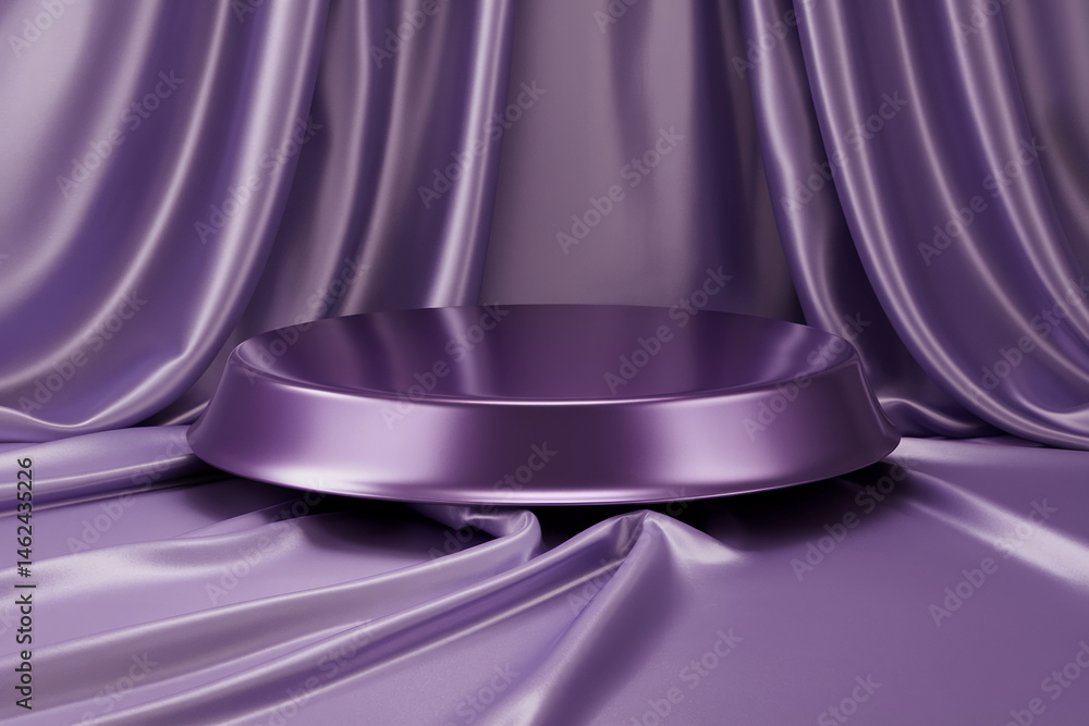 Poster purple silk drapes frame a circular pedestal, creating a luxurious, elegant display scene ideal for 
