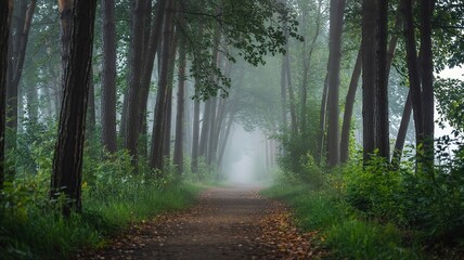Obraz premium Misty Forest Path Leading Through Tall Trees with Soft Light