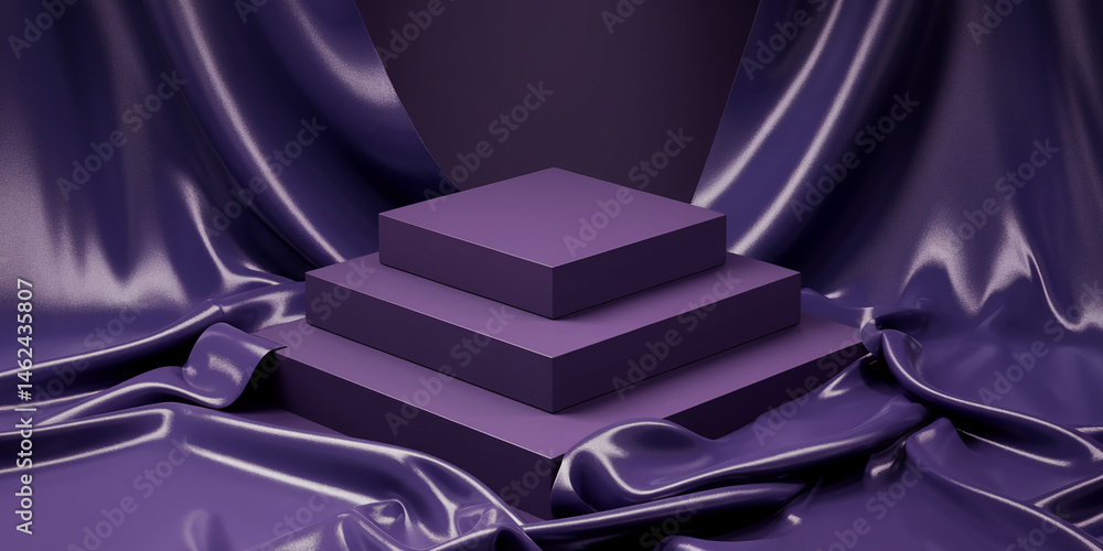 Poster purple cubes stacked on a purple satin fabric, creating a luxurious, elegant display scene perfect f