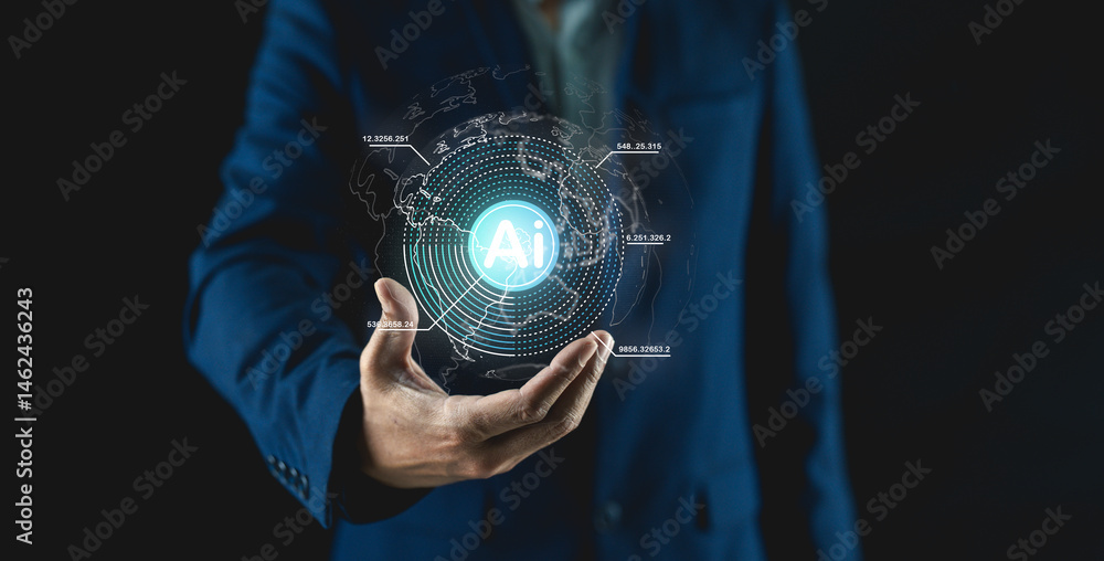 Poster a businessman holds a glowing digital ai interface, representing modern artificial intelligence tech