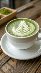 Matcha Latte with Leaf Art in White Cup on Rustic Wooden Table