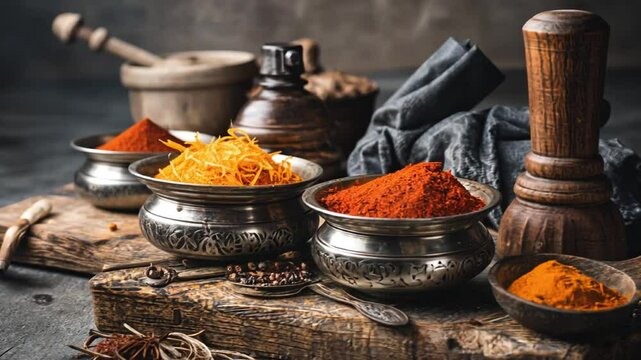 A rustic arrangement of vibrant spices in metallic bowls on a wooden table with kitchen tools