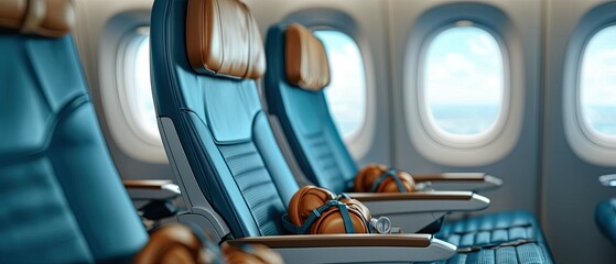 Expansive interior view of a modern, commercial airplane cabin with rows of comfortable seats, overhead storage, and a bright, minimalist design.