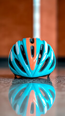 Teal Cycling Helmet with Orange Stripe Reflected on Polished Surface