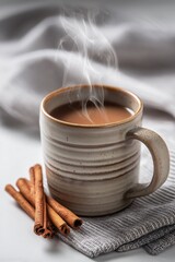 Steaming hot beverage in ceramic mug with cinnamon sticks against a white background
