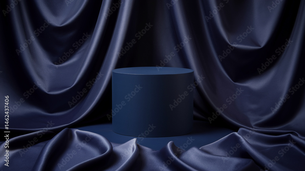 Poster dark blue cylindrical podium sits on a navy satin fabric backdrop, creating an elegant and minimalis