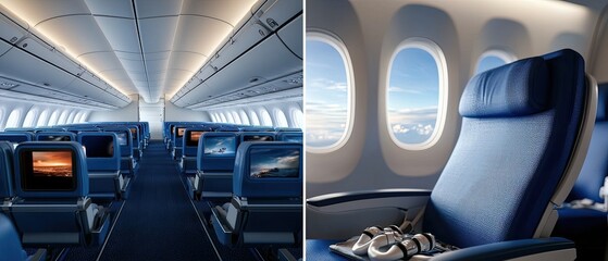 Panoramic perspective showcasing the spacious and well-equipped interior of an airplane cabin, with rows of comfortable seats, overhead compartments, and various passenger conveniences.