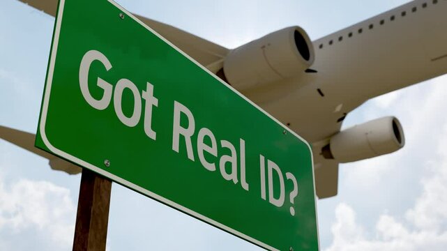 Got Real ID? Green Road Sign with Low Flying Airplane Just Above with Landing Gear Down.
