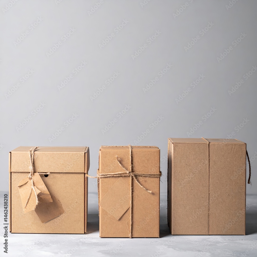 Poster three neatly stacked boxes wrapped in rustic brown paper, each secured with twine string, exuding a 