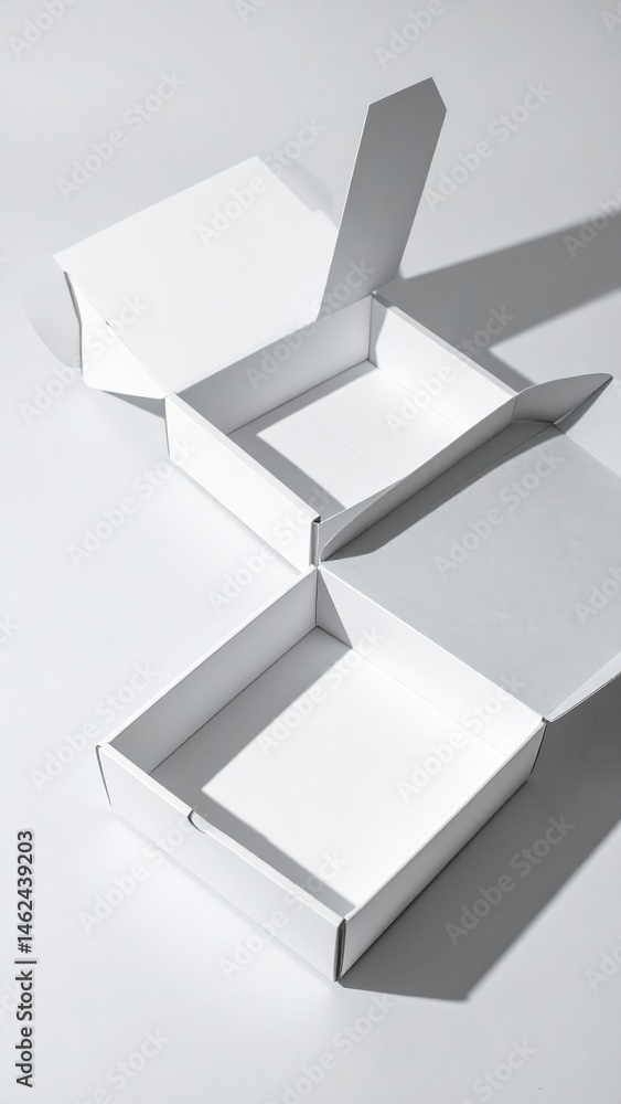 Poster three white boxes are arranged on a clean surface; one box is open, revealing its empty interior, wh