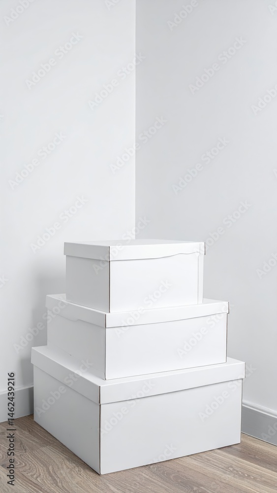 Poster three pristine white boxes are neatly stacked atop one another, each box featuring a smooth, glossy 