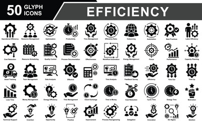 Efficiency Icon Set Collection. Containing Operational Efficiency, Resource Management, Optimization, Producticity, Cost Reduction, Time Management, Efficiency Ratio. Simple Glyph Vector Illustration