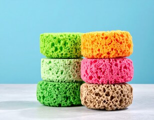 A vibrant trio of colorful sponges stacked neatly, showcasing their soft textures and rounded edges, perfect for cleaning or artistic uses.