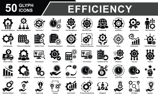 Efficiency Icon Set Collection. Containing Operational Efficiency, Resource Management, Optimization, Producticity, Cost Reduction, Time Management, Efficiency Ratio. Simple Glyph Vector Illustration