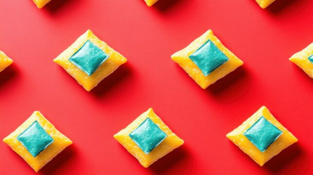 Pattern of Tortilla chips on a red background seen directly above