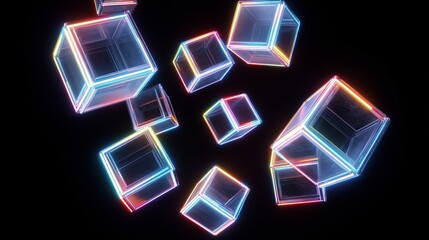 Abstract 3D cubes floating in space with neon lighting against a white background