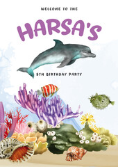 sea life watercolor birthday invitations card template