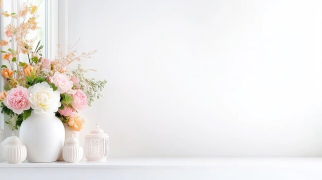 Soft pastel floral arrangement on a white shelf