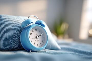 Relaxing Bedroom Setup with Blue Pillow and Alarm Clock Focusing on Sleep and Time Management
