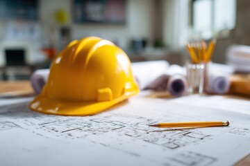 Construction Planning Scene Featuring Architectural Blueprints with Helmet and Pencil