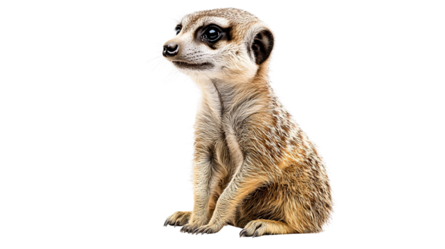 A close-up portrait of an adorable meerkat sitting upright and gazing curiously