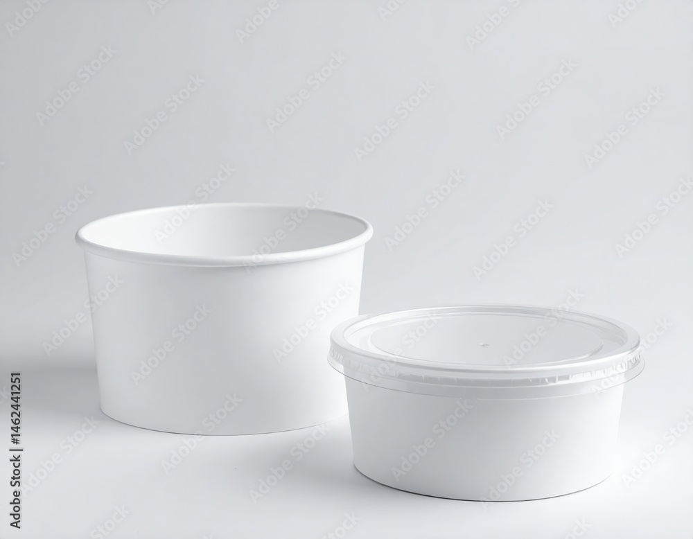 Poster two sleek white plastic containers with secure lids, perfect for storage. their minimalist design fe