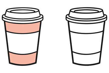 Two cartoon coffee cups, one peachtoned and one white, both outlined in black