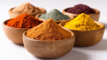 Colorful assortment of spices in wooden bowls on white background under natural soft lighting