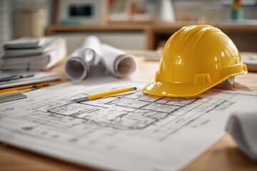 Detailed Blueprint Floor Plan with Yellow Construction Helmet and Pencil on Table