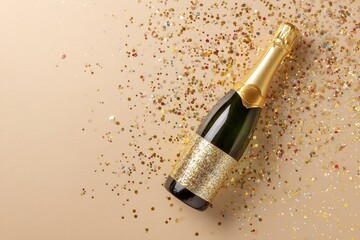 Flat Lay of Champagne Bottle with Gold Glitter and Confetti on Beige Background for Celebration