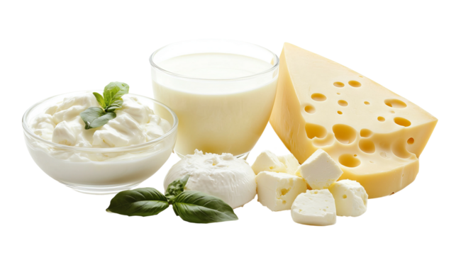 A captivating assortment of dairy products. The scene showcases a glass of milk, cheese, yogurt and other milk derivative