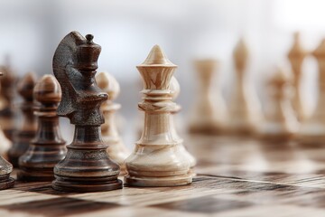 Strategic Business Planning Symbolized by Chess Figures on Wooden Table with Blurred Background