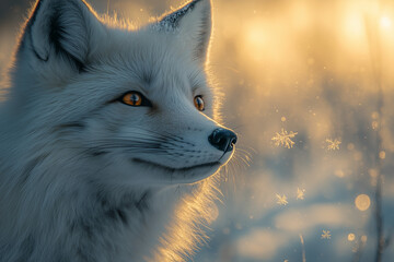 Arctic fox standing in snowy landscape beneath vibrant aurora borealis, snowflakes suspended in mid-air, representing northern wildlife, polar nature, and dramatic high-definition