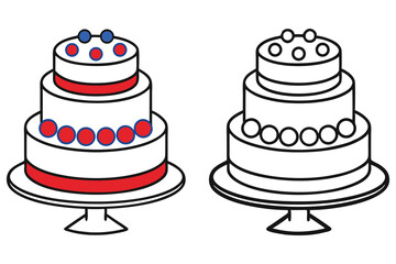 Decorated three tier cake with red and blue on the side and one in line art
