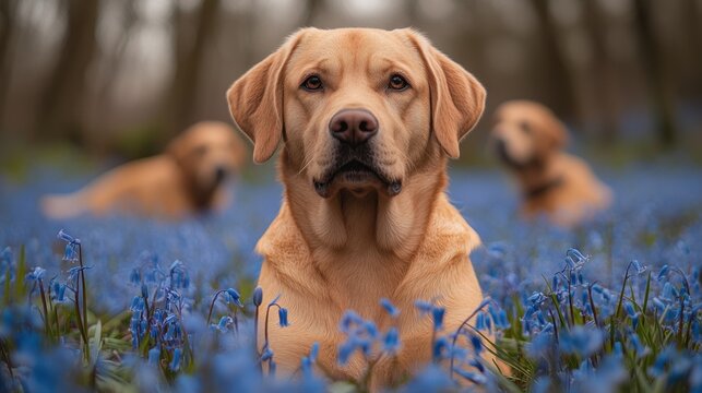 Labrador retriever posing in a field of bluebells with other dogs
