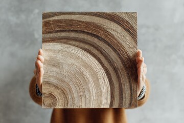 Woman Holding Ceramic Tile with Realistic Wood Texture for Modern Interior Design