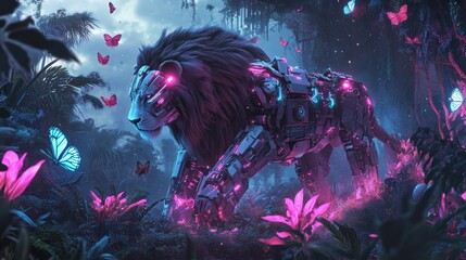 Cybernetic Lion in Enchanted Forest: A Digital Masterpiece