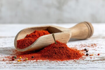 Close-Up of Chili Powder and Red Pepper in White Scoop Against Textured Wooden and White Wall