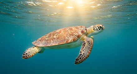 Fototapeta premium Graceful sea turtle swims in sunlit turquoise water, showcasing