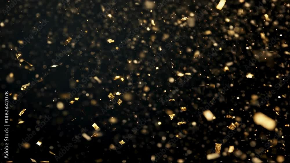 Poster Gold confetti falling in a loop on a black background with glittering festive particles