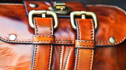 Luxurious Handcrafted Brown Leather Bag, Close-up Detail of Stitching and Buckles