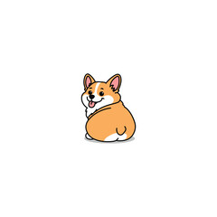 Cute chubby corgi sitting with its back turned, smiling playfully with its tongue out, vector illustration