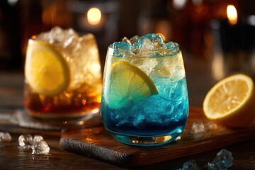 Refreshing Blue Lagoon Cocktail with Lemon Garnish Next to Whiskey Glass on Wooden Surface
