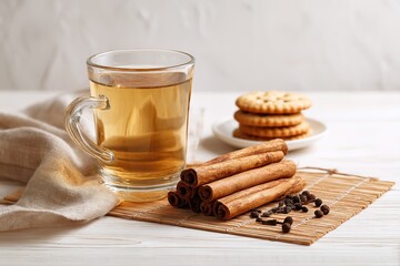 Warm and Inviting Arrangement of Cinnamon Sticks Biscuits and Tea Glass on Rustic Surface