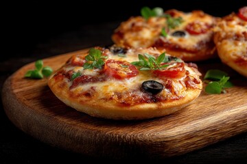 Delicious Mini Pizza with Fresh Toppings Displayed on Wooden Cutting Board Close-Up