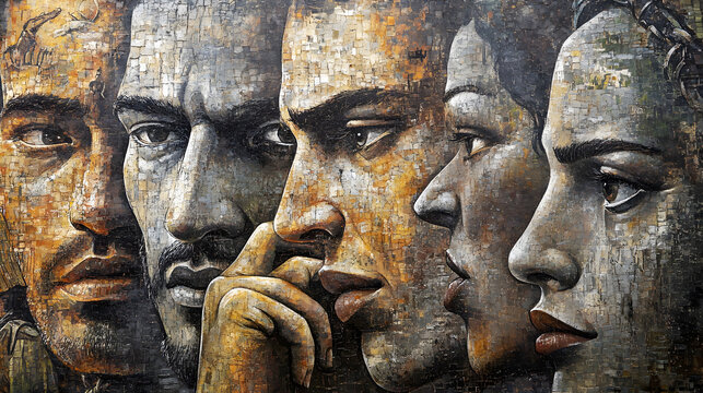 A mural depicting the clash between the oppressed and the authorities, with expressive faces and stark contrasts.