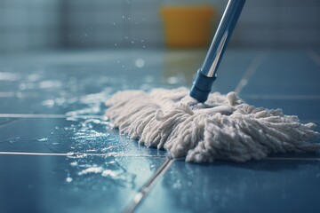 Professional Cleaning Scene Showing Mop Head with Soapy Water on Ceramic Floor